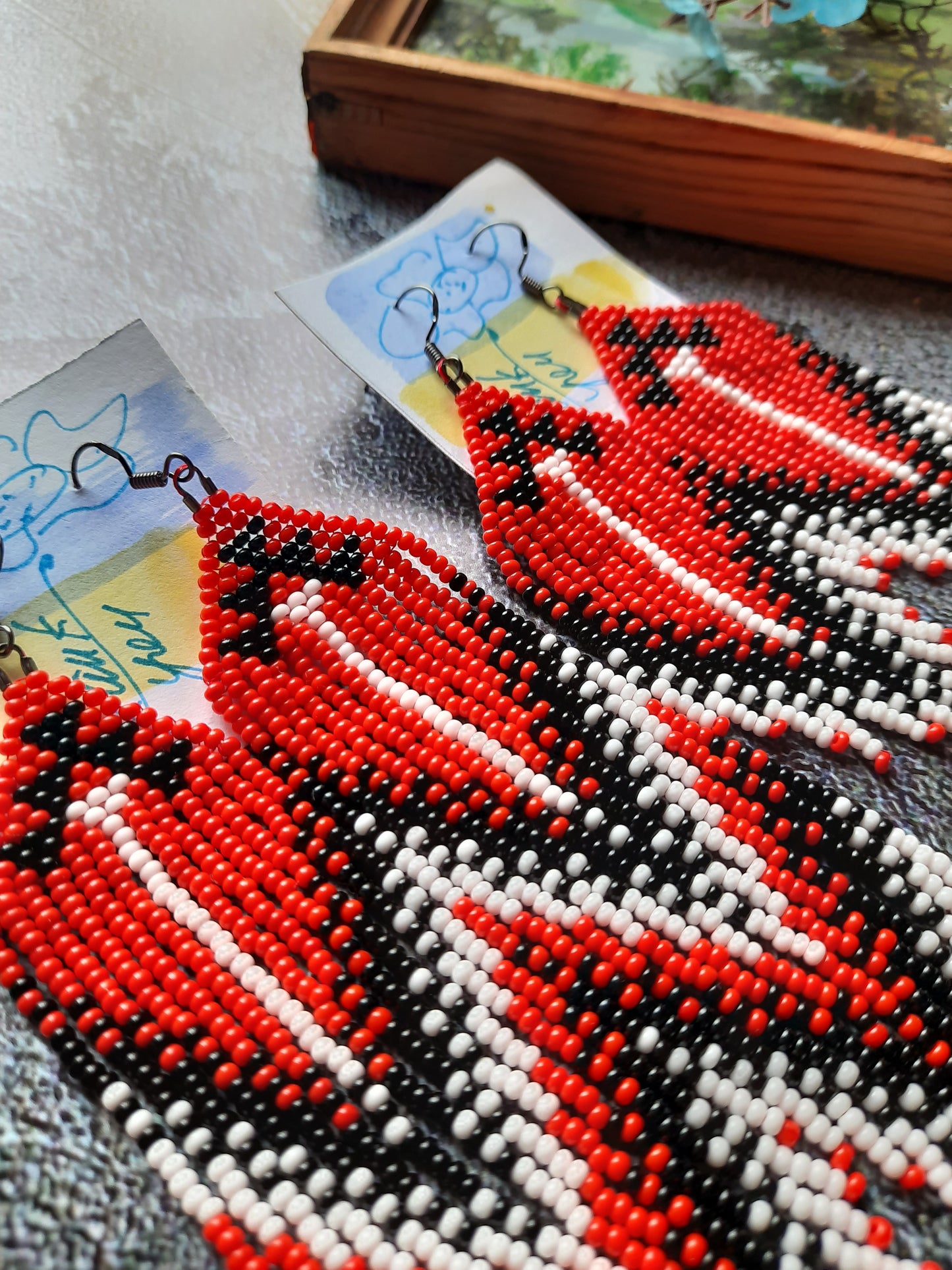 Handmade Red Black White Beaded Earrings