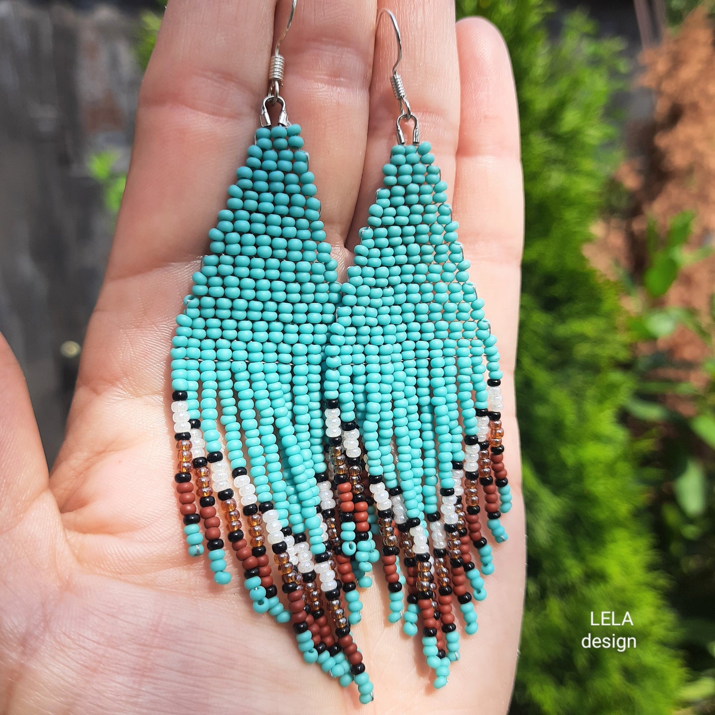 Handmade turquoise beaded fringe earrings