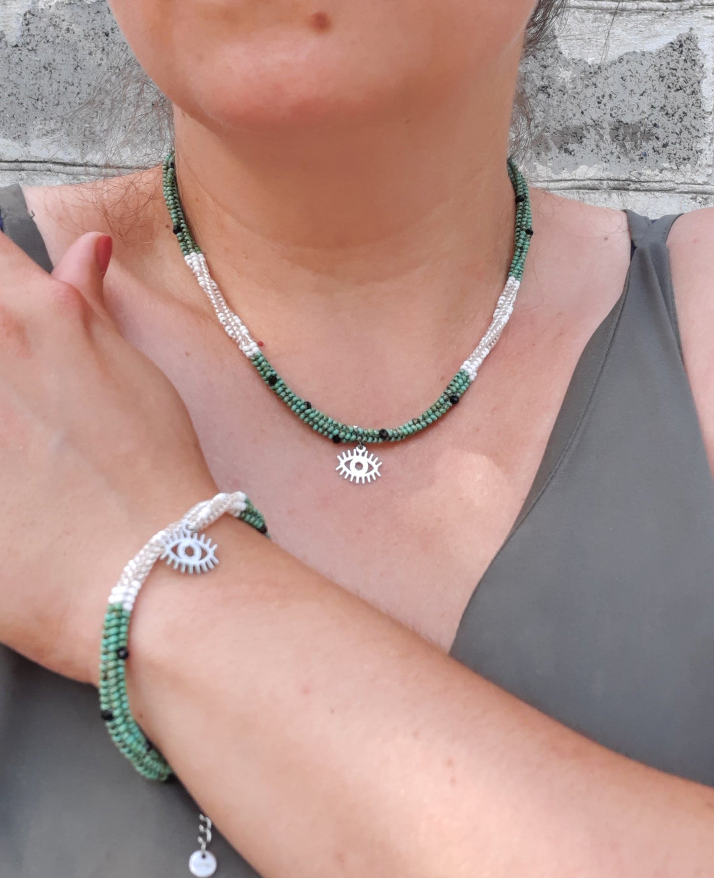 Handmade Beaded Necklace & Bracelet Set 2 in 1, Evil Eye Jewelry Set