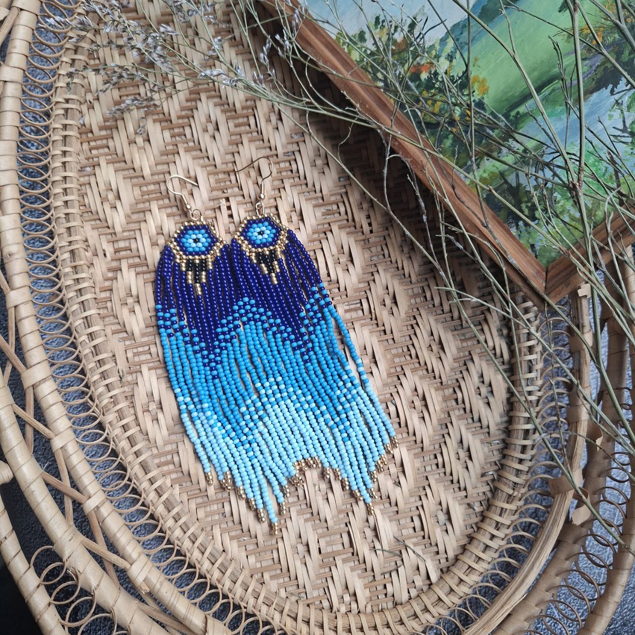 Blue Beaded Fringe Earrings Evil Eye