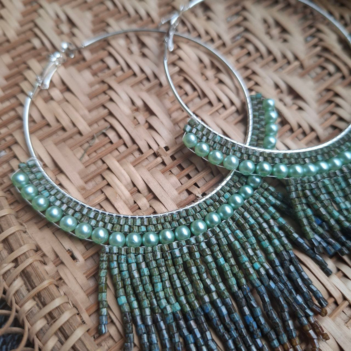Handmade Beaded Hoop Fringe Earrings, Green & Bronze Seed Beads