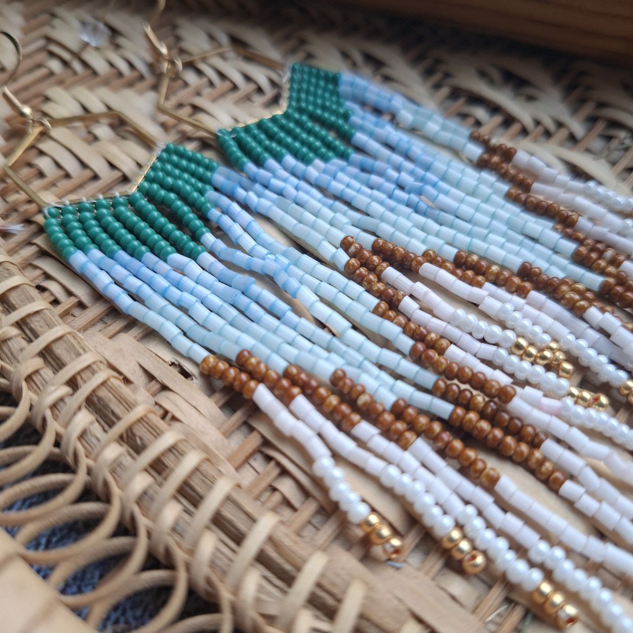 Blue & Green Seed Beads with Gold Hexagon | Handmade Statement Jewelry