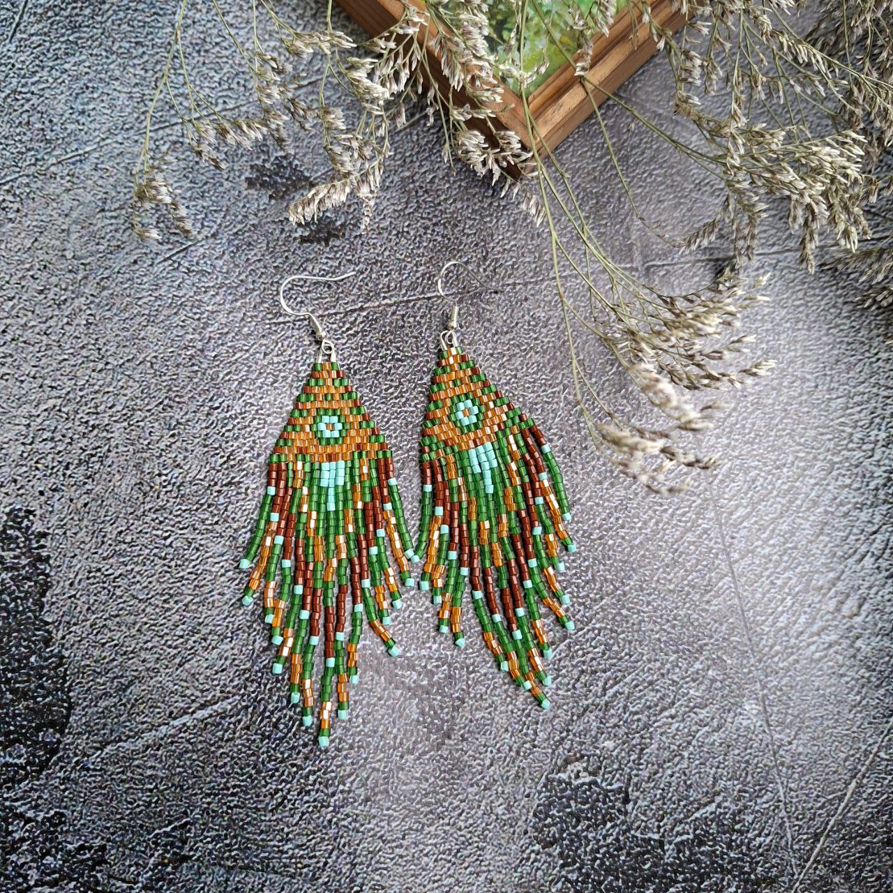 Handmade Boho Fringe Earrings – Green & Brown Seed Bead Statement Earrings