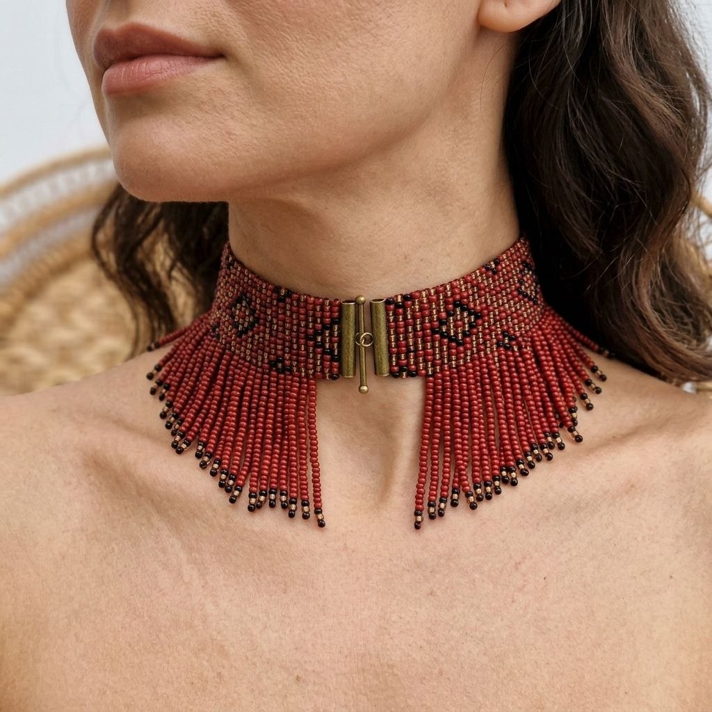 Red Beaded Choker Necklace, Handmade Fringe Statement Necklace