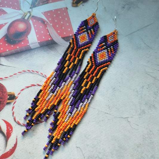 Boho Chic Seed Bead Fringe Earrings: Purple Orange Black