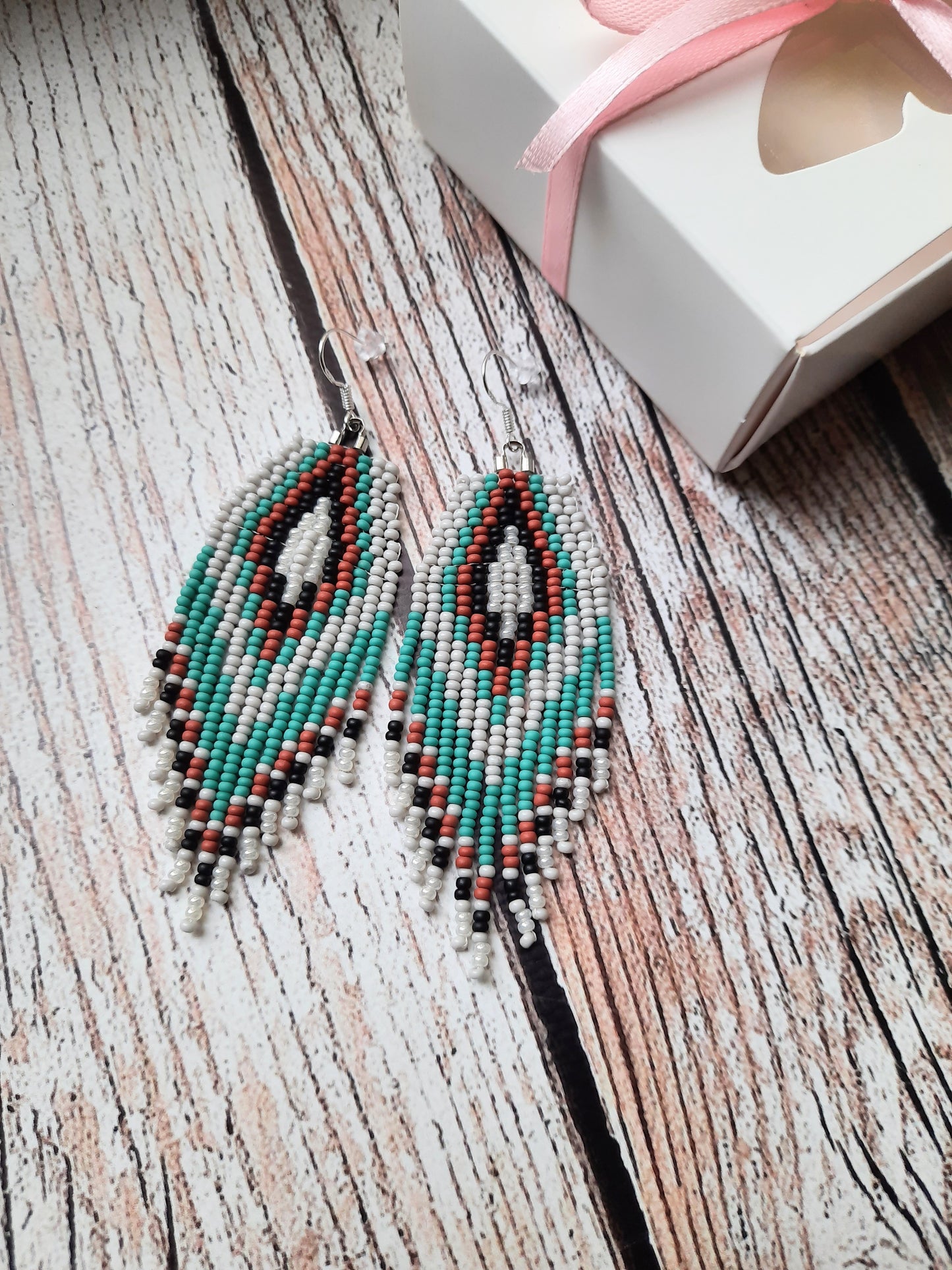 Handmade Turquoise Seed Beaded Fringe Earrings