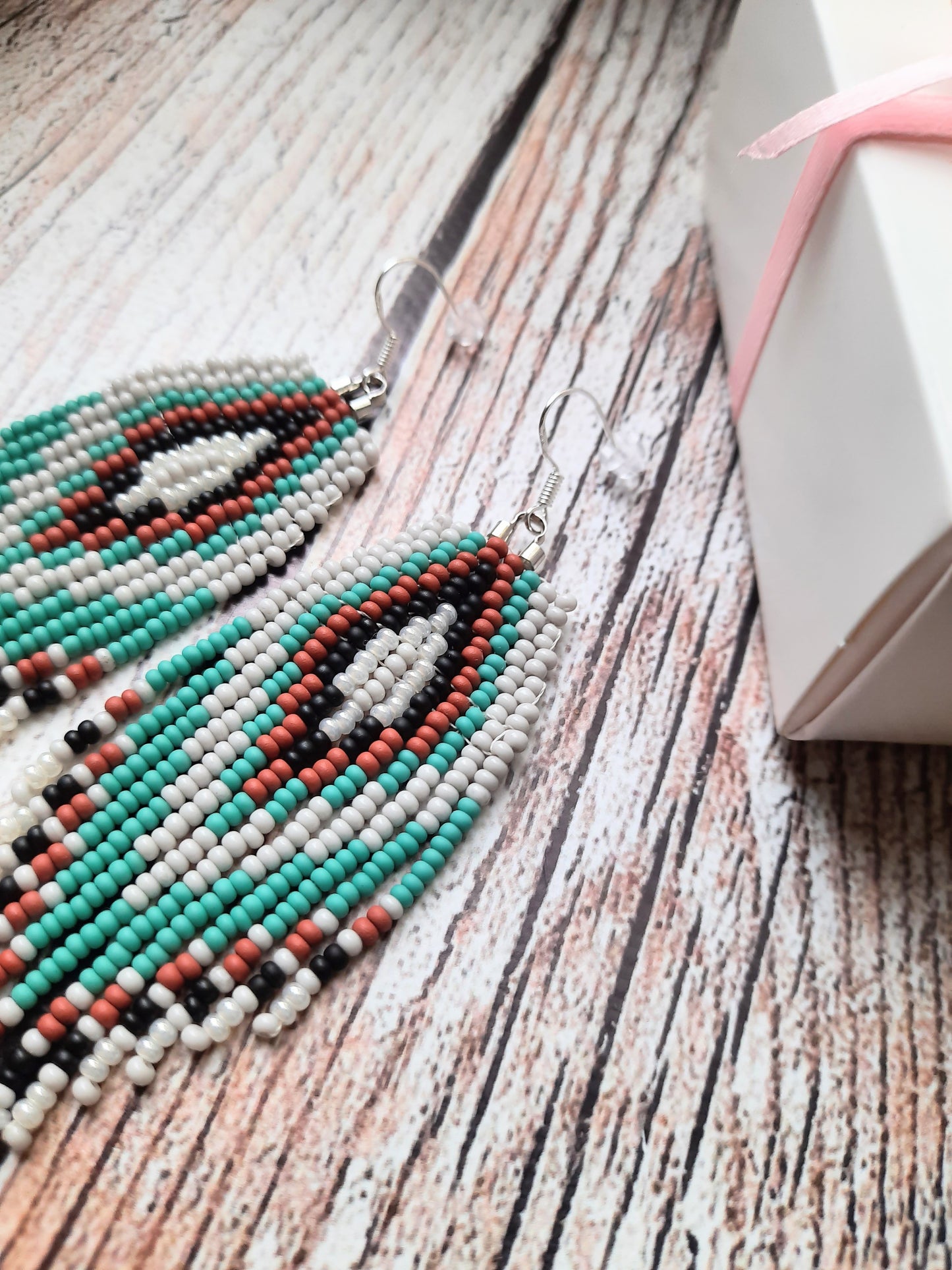 Handmade Turquoise Seed Beaded Fringe Earrings