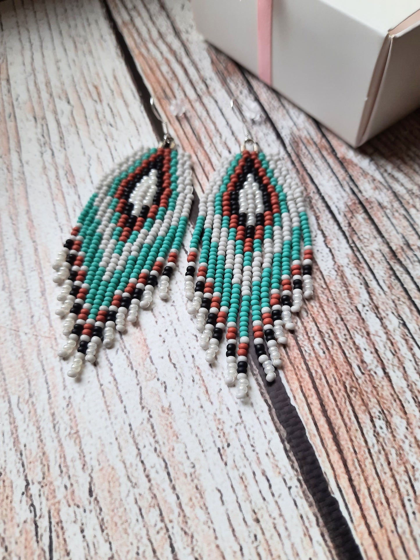 Handmade Turquoise Seed Beaded Fringe Earrings