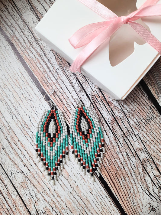 Handmade Turquoise Seed Beaded Fringe Earrings