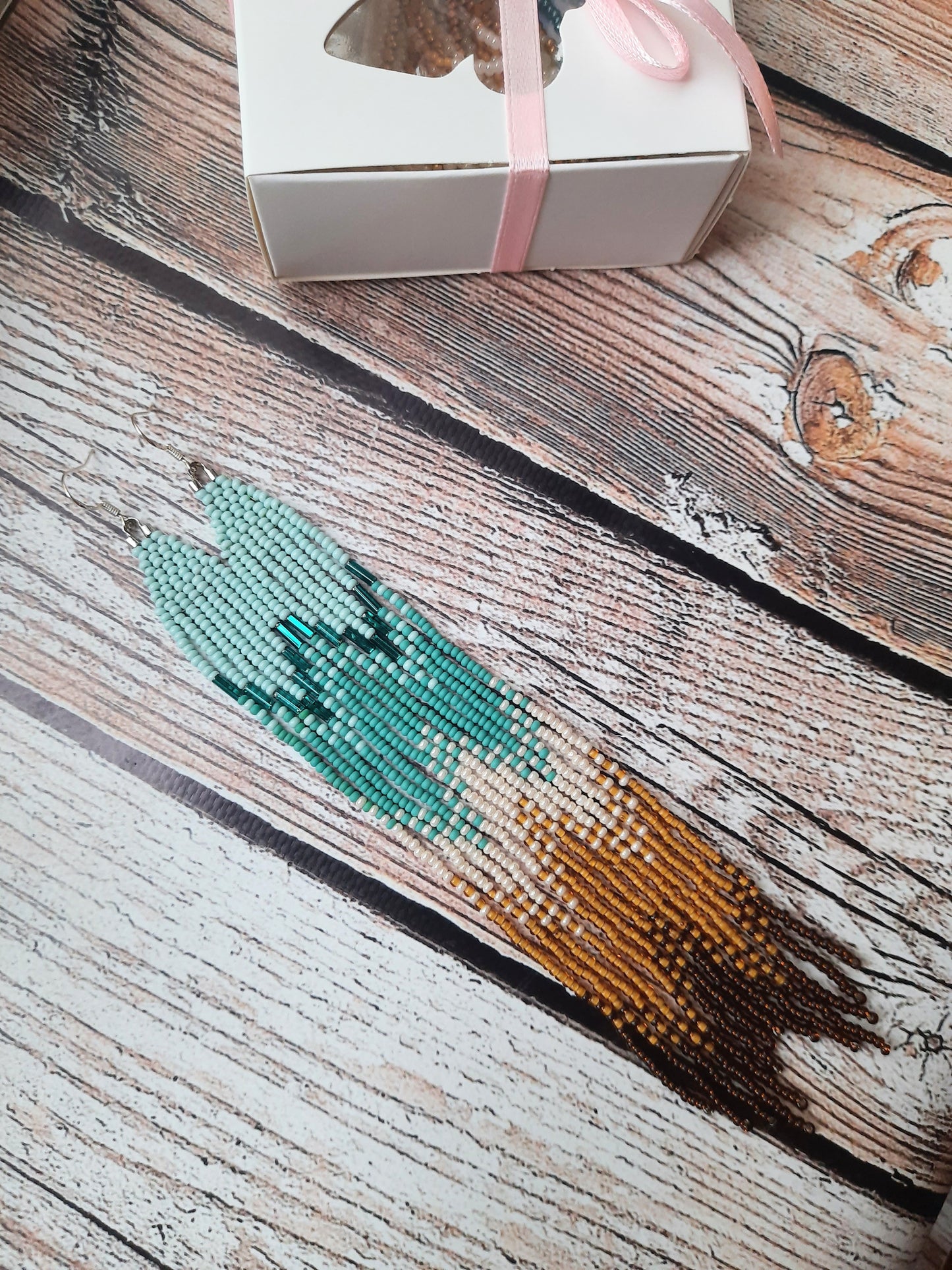 Turquoise Ombre Beaded Earrings | Long Fringe Earrings