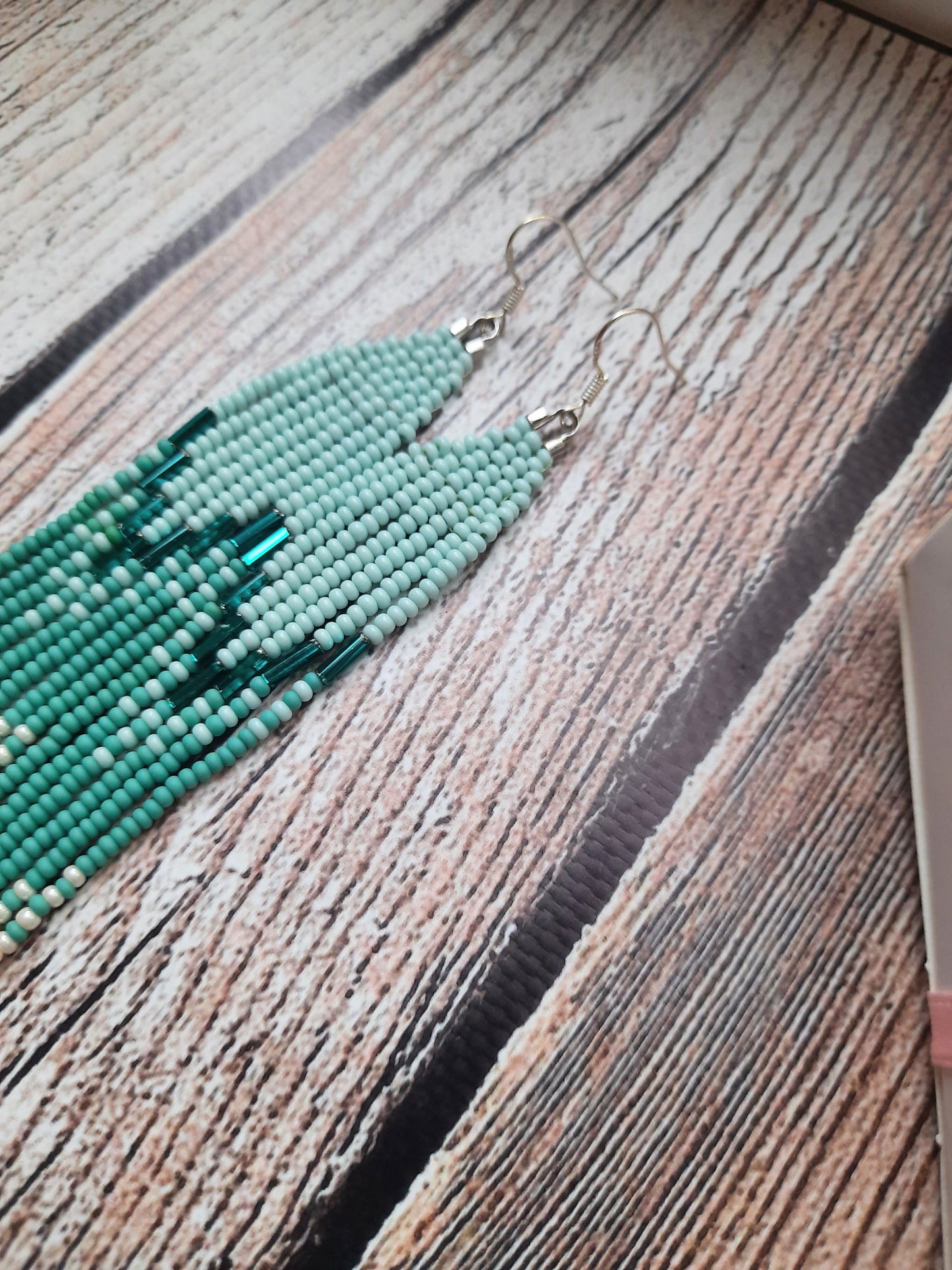 Turquoise Ombre Beaded Earrings | Long Fringe Earrings