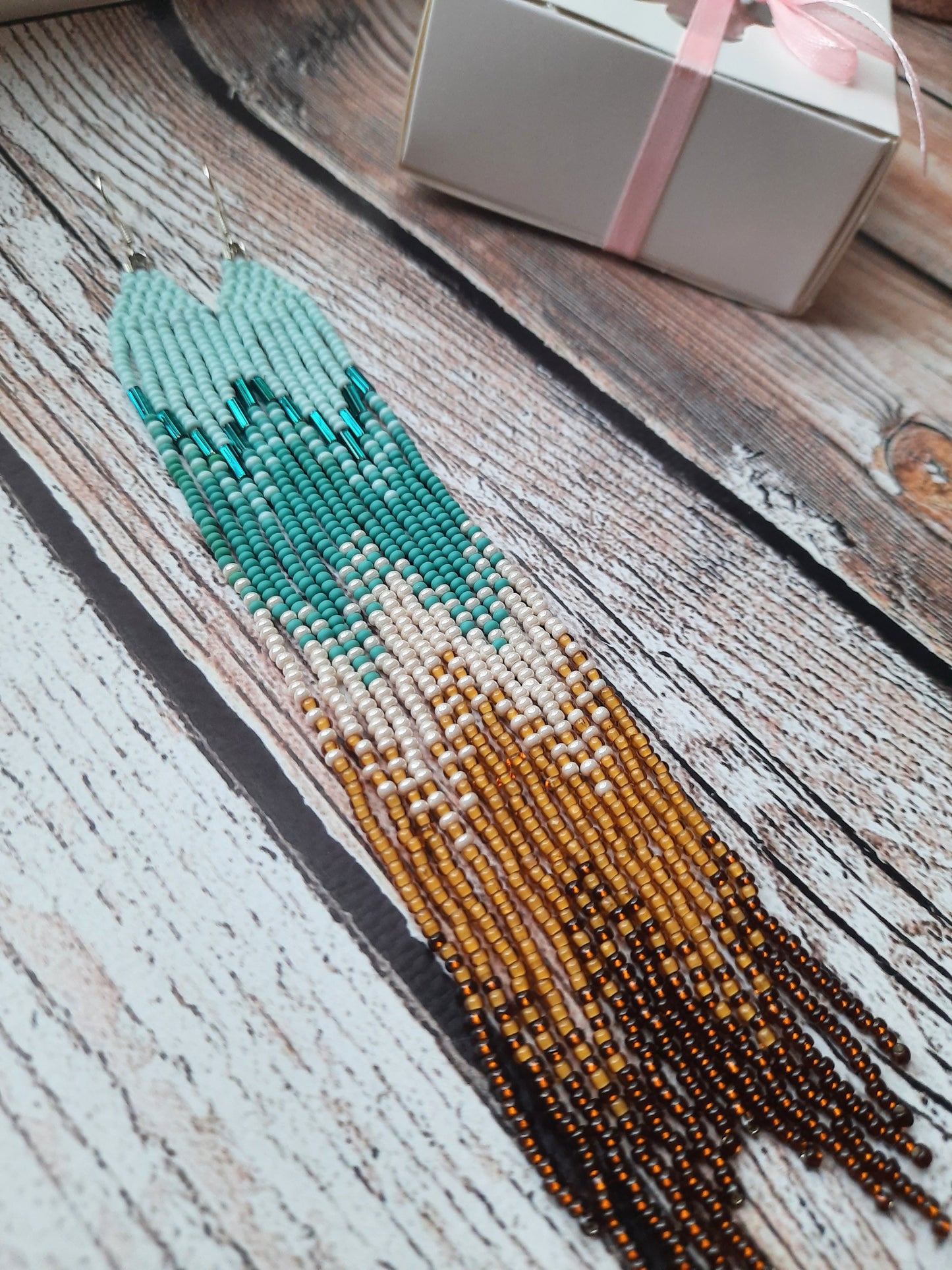 Turquoise Ombre Beaded Earrings | Long Fringe Earrings