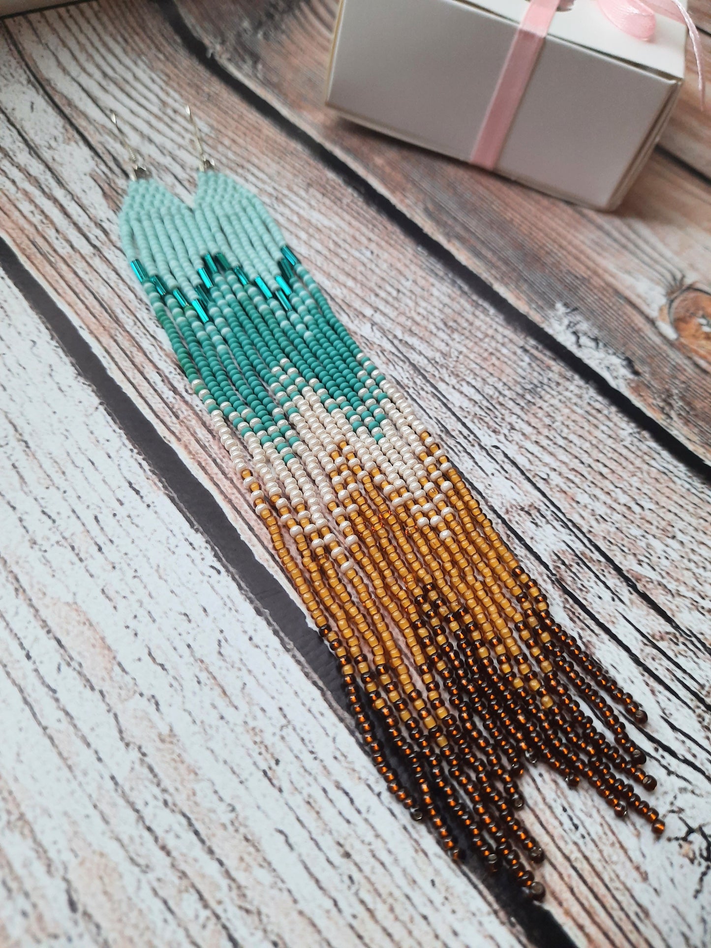 Turquoise Ombre Beaded Earrings | Long Fringe Earrings