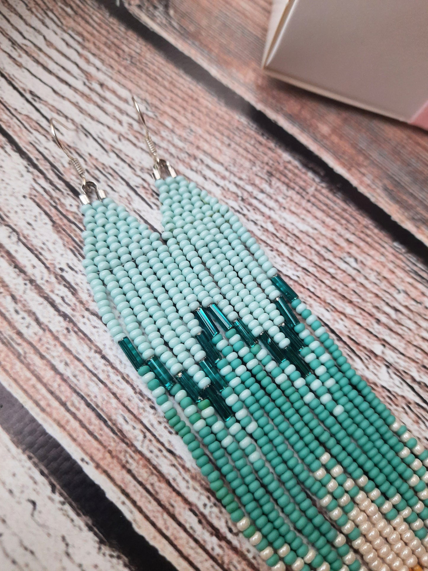 Turquoise Ombre Beaded Earrings | Long Fringe Earrings