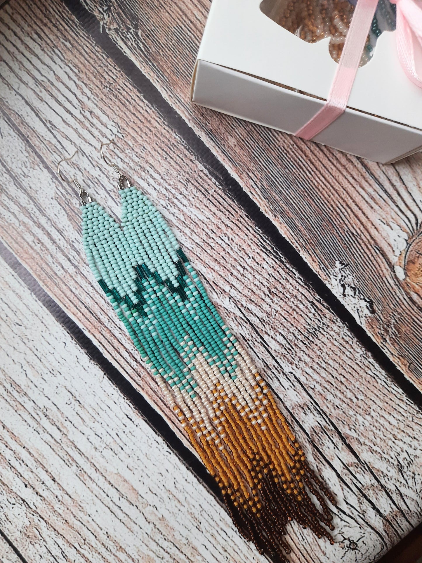 Turquoise Ombre Beaded Earrings | Long Fringe Earrings