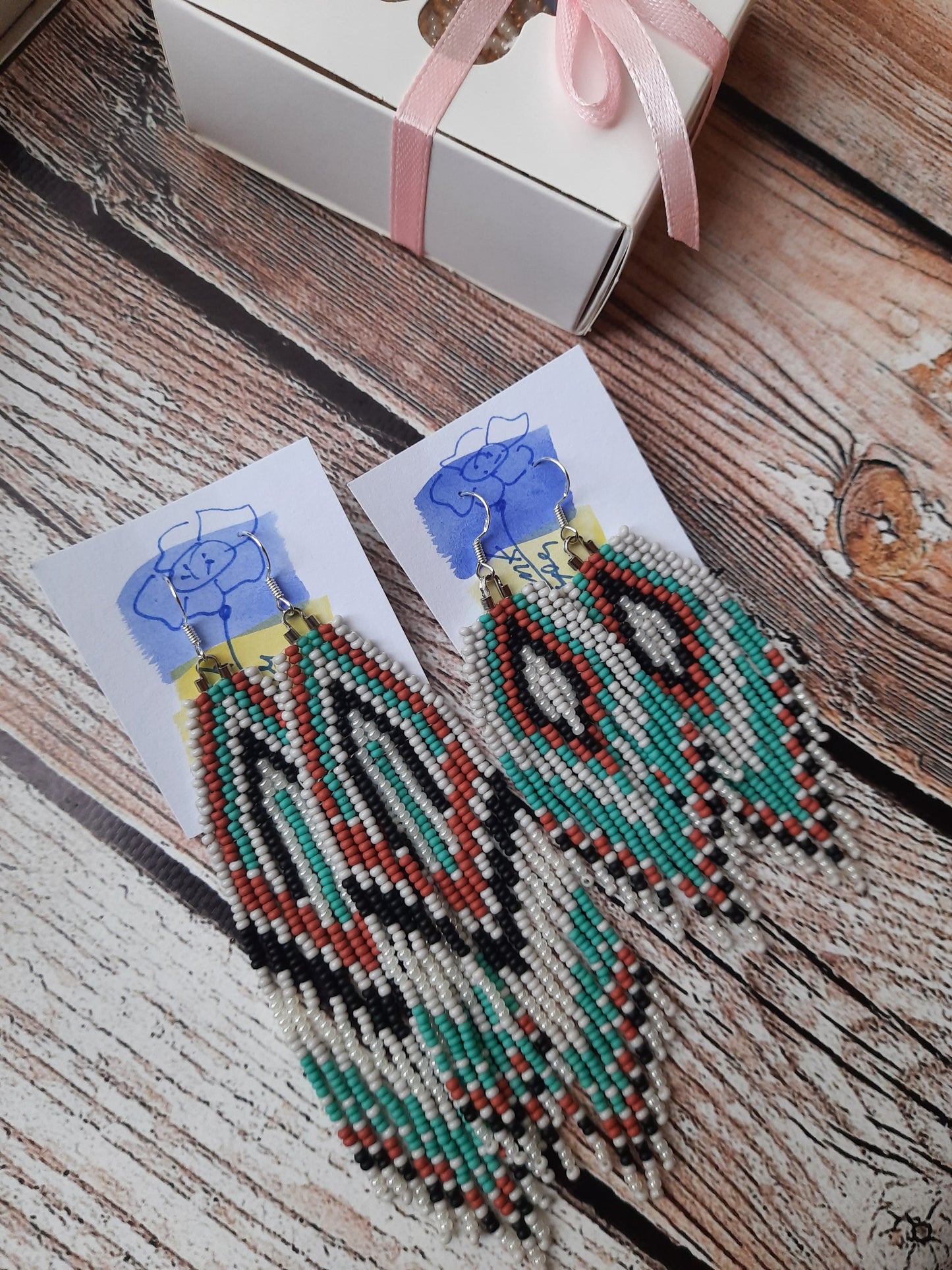 Handmade Turquoise Seed Beaded Fringe Earrings