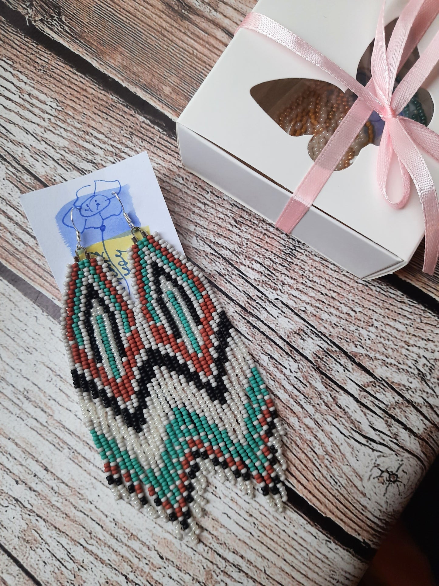 Handmade Turquoise Seed Beaded Fringe Earrings