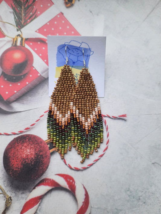 Earthy Beaded Fringe Earrings – Handmade Boho Earrings, 3.5 Inch Statement Jewelry