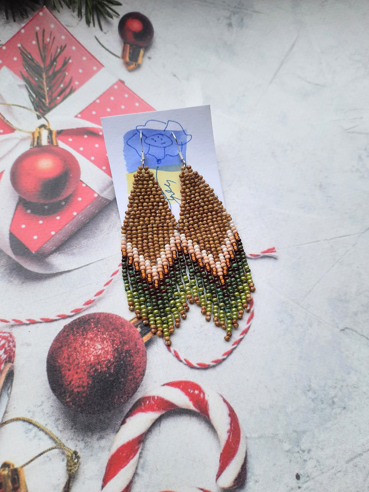 Earthy Beaded Fringe Earrings – Handmade Boho Earrings, 3.5 Inch Statement Jewelry