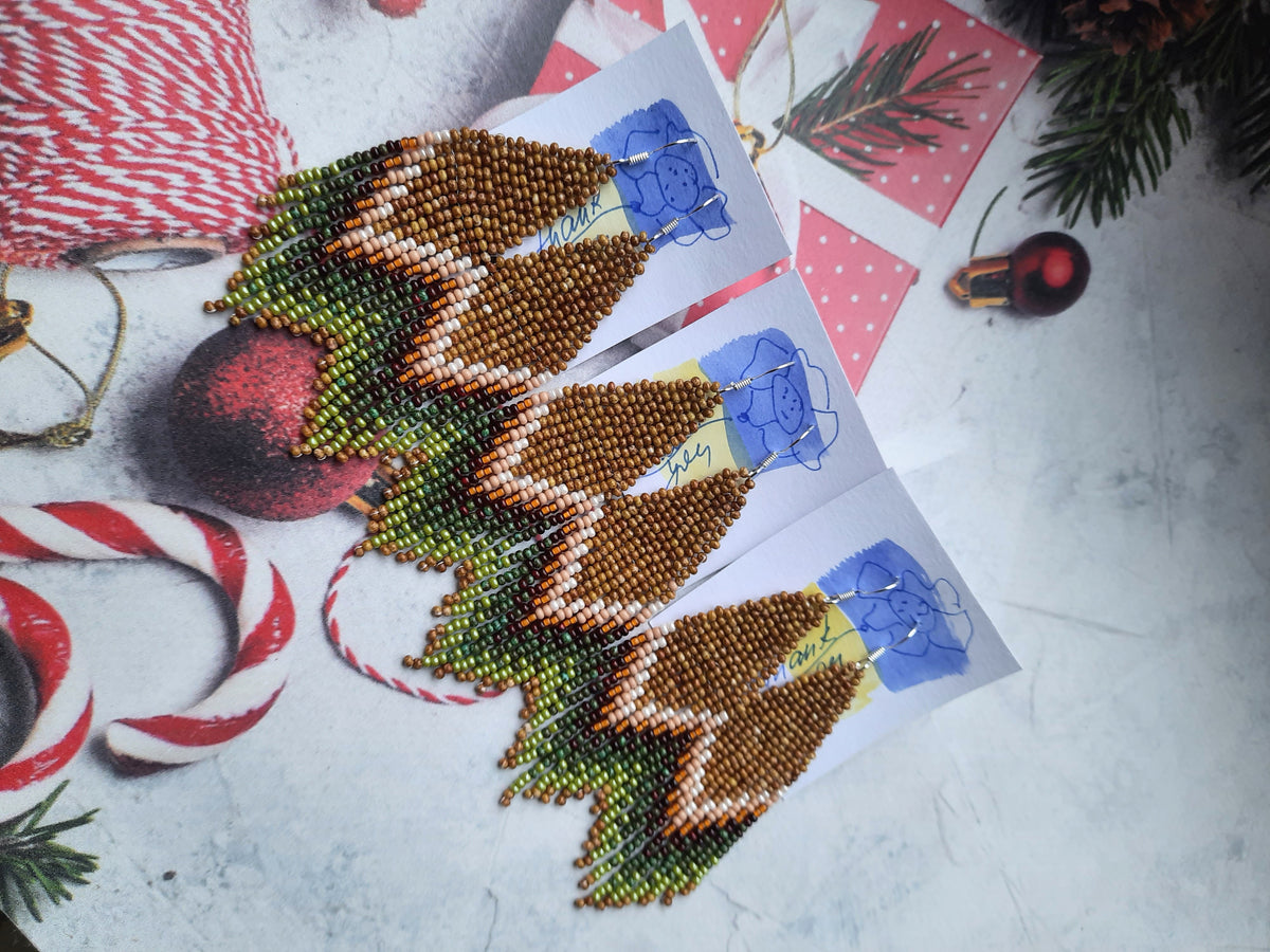Earthy Beaded Fringe Earrings – Handmade Boho Earrings, 3.5 Inch Statement Jewelry