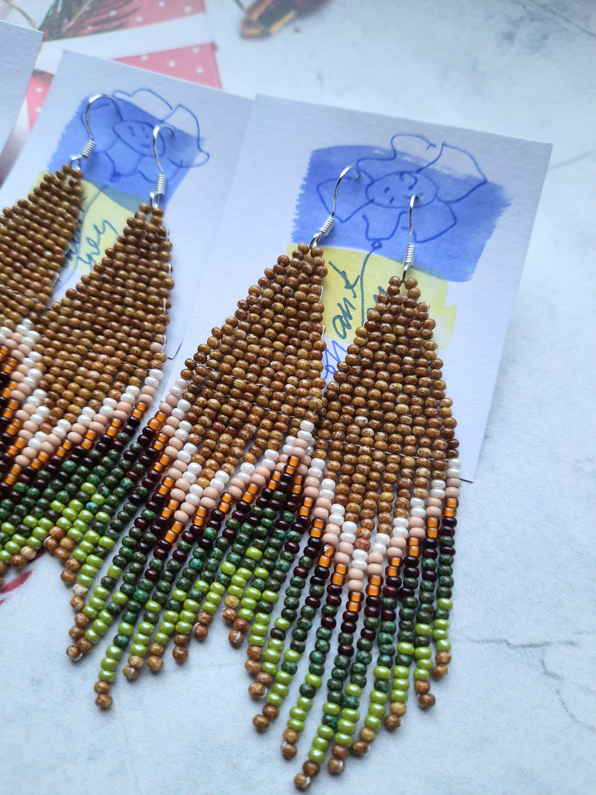 Earthy Beaded Fringe Earrings – Handmade Boho Earrings, 3.5 Inch Statement Jewelry