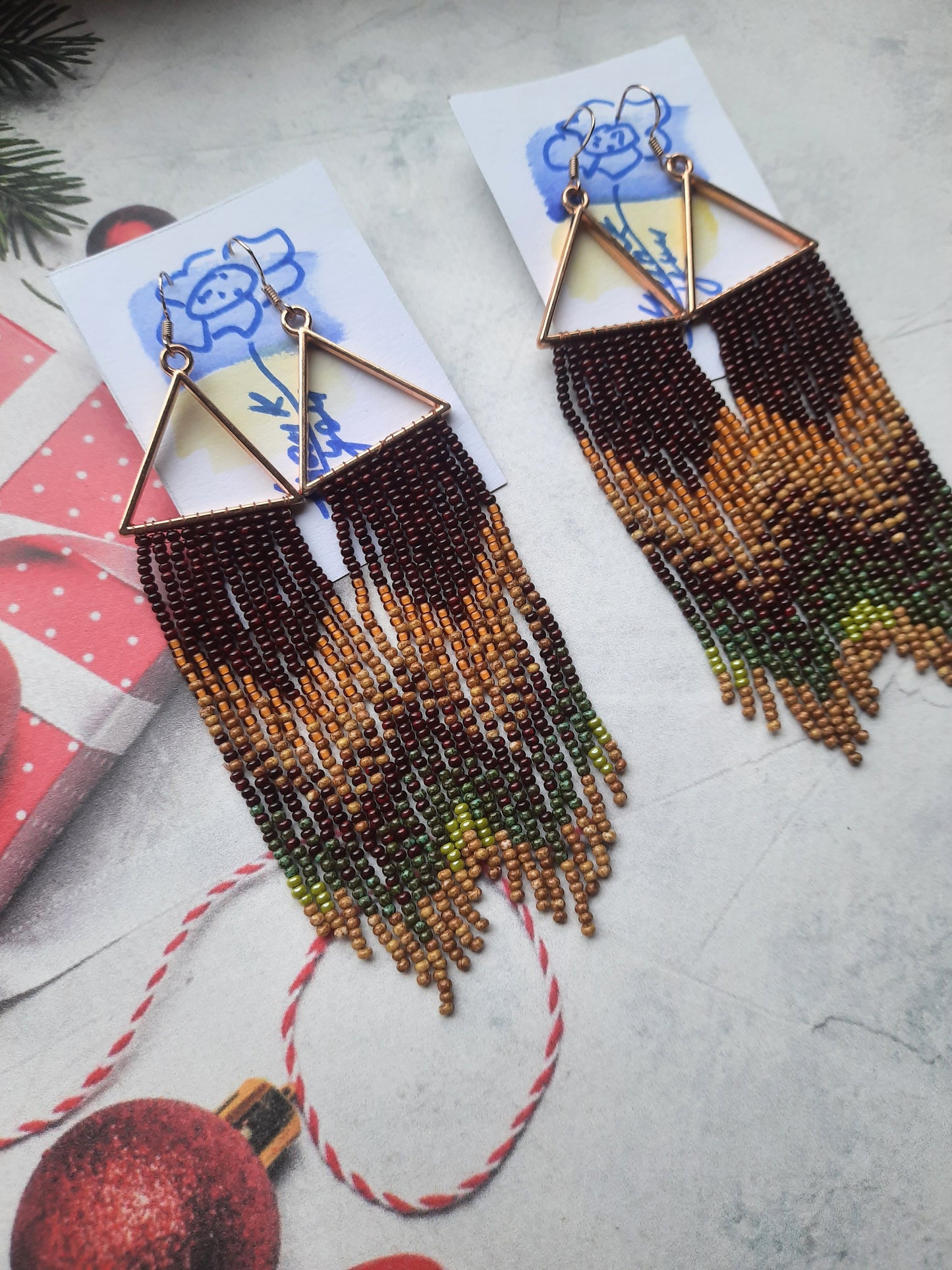Handmade Long Seed Bead Earrings with Gold Triangle