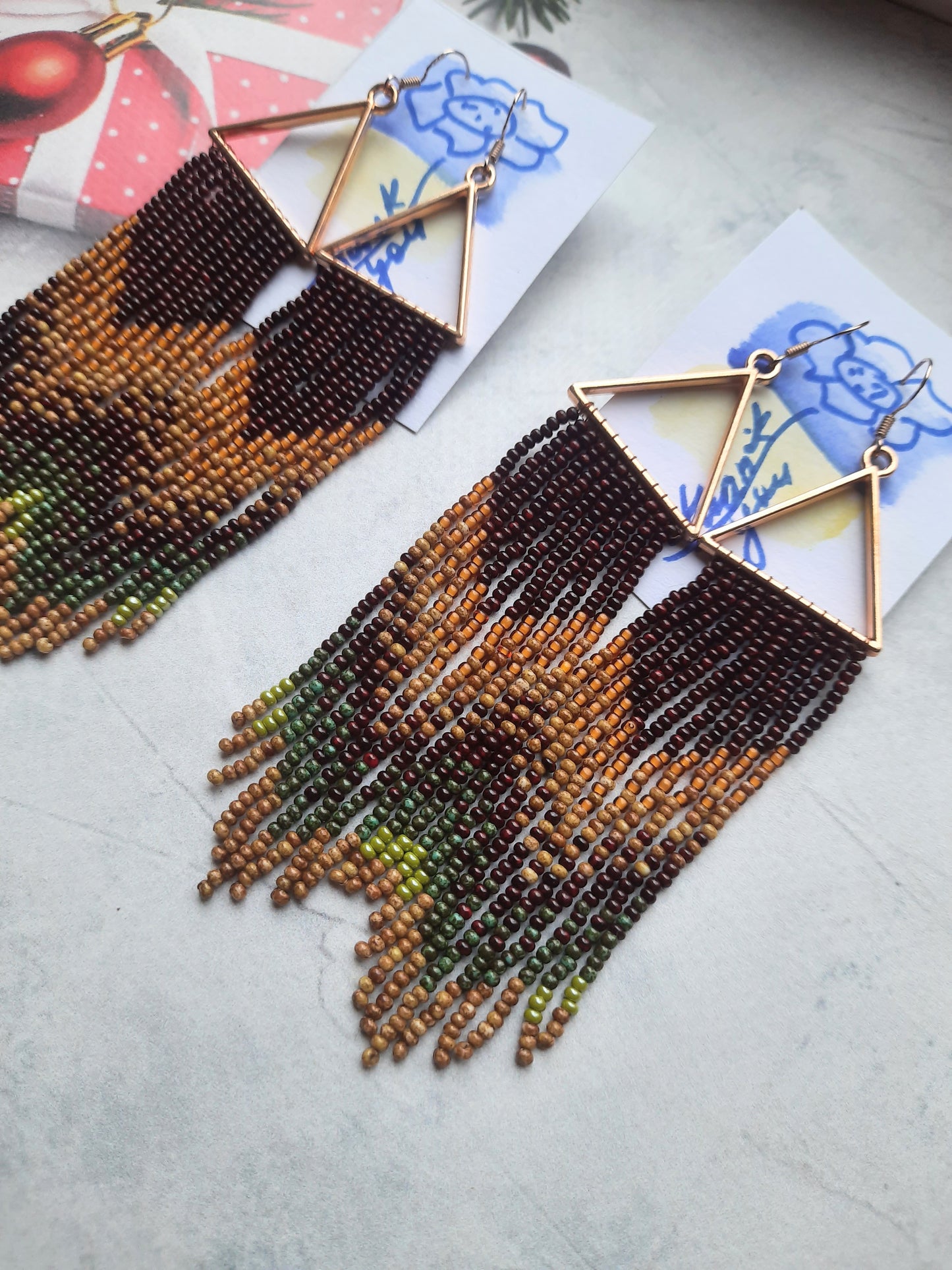 Handmade Long Seed Bead Earrings with Gold Triangle