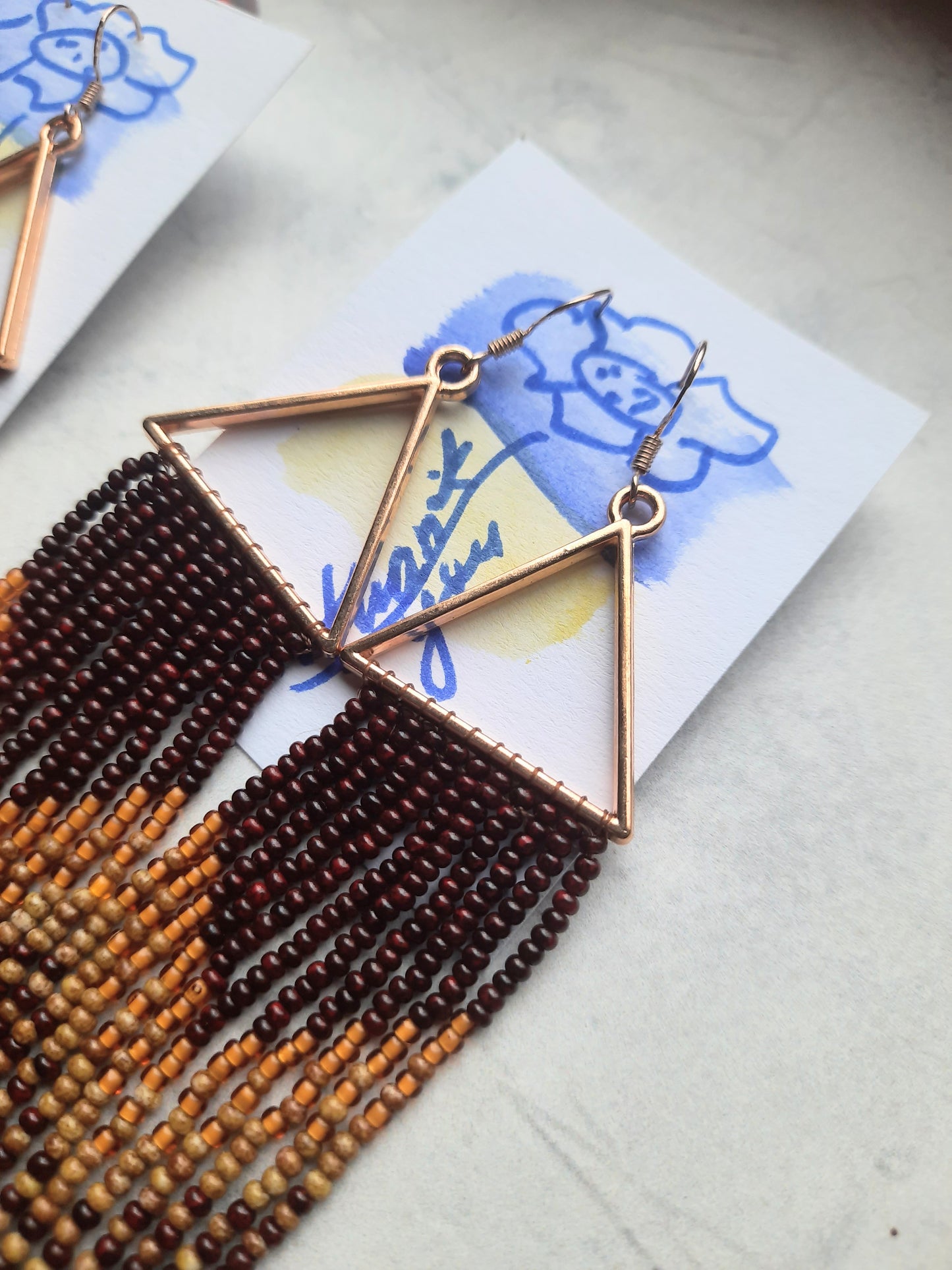 Handmade Long Seed Bead Earrings with Gold Triangle