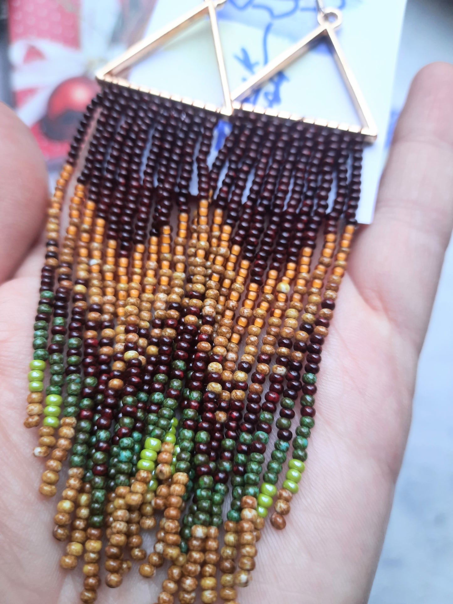 Handmade Long Seed Bead Earrings with Gold Triangle