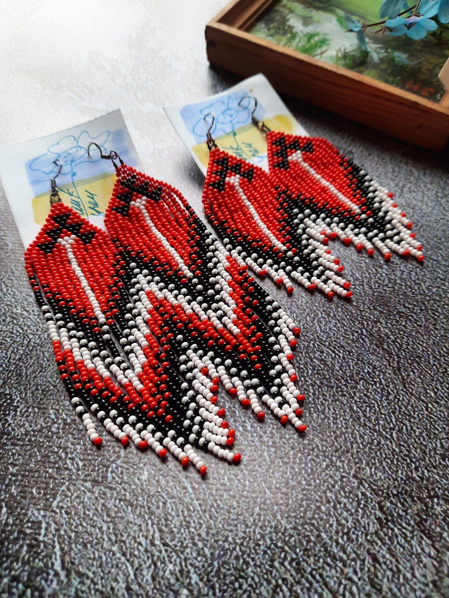 Handmade Red Black White Beaded Earrings