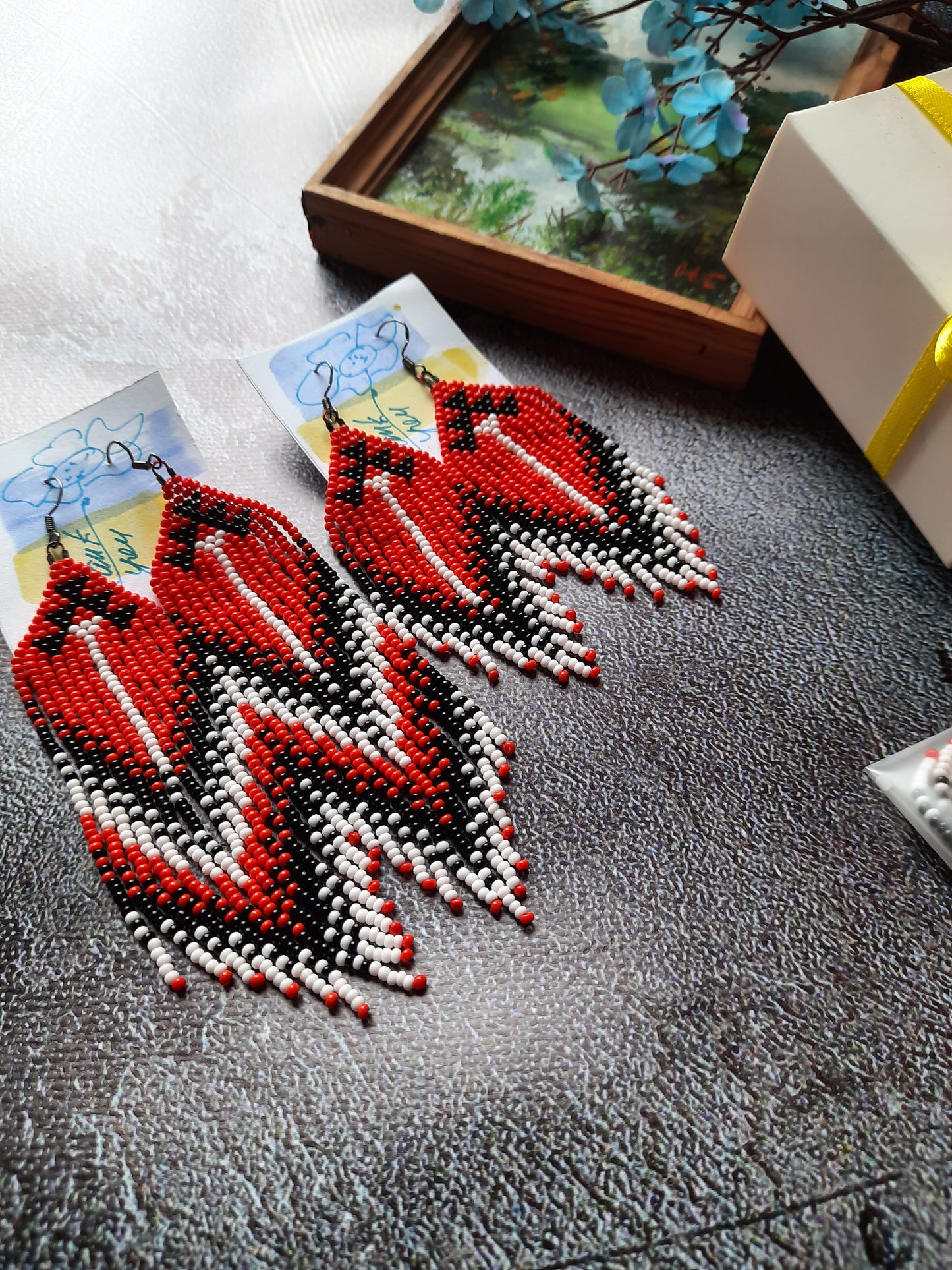 Handmade Red Black White Beaded Earrings