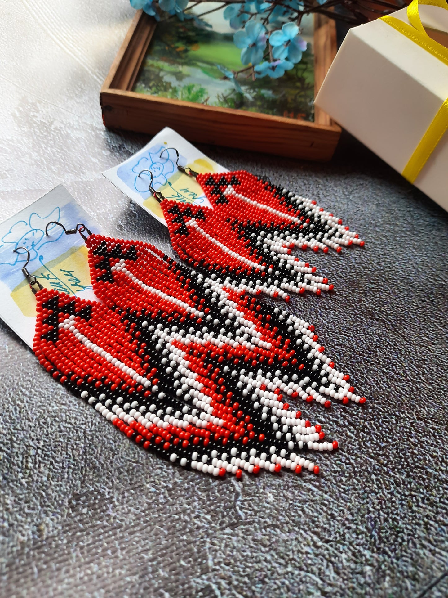 Handmade Red Black White Beaded Earrings