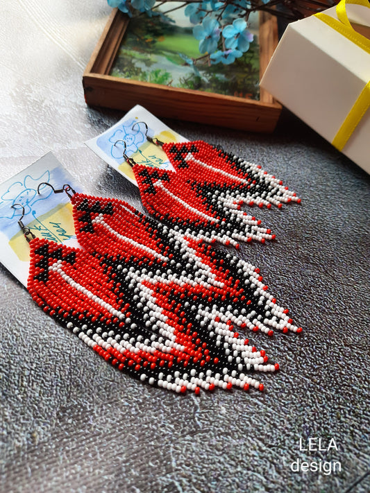 Handmade Red Black White Beaded Earrings