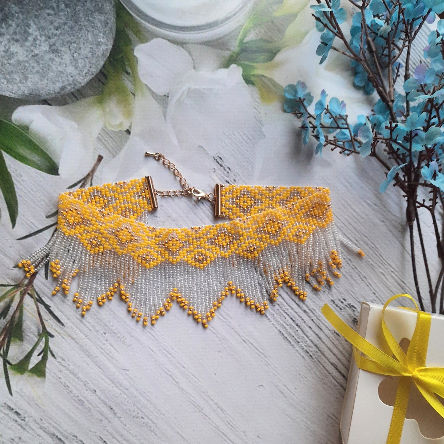 Close-up of floral bead pattern