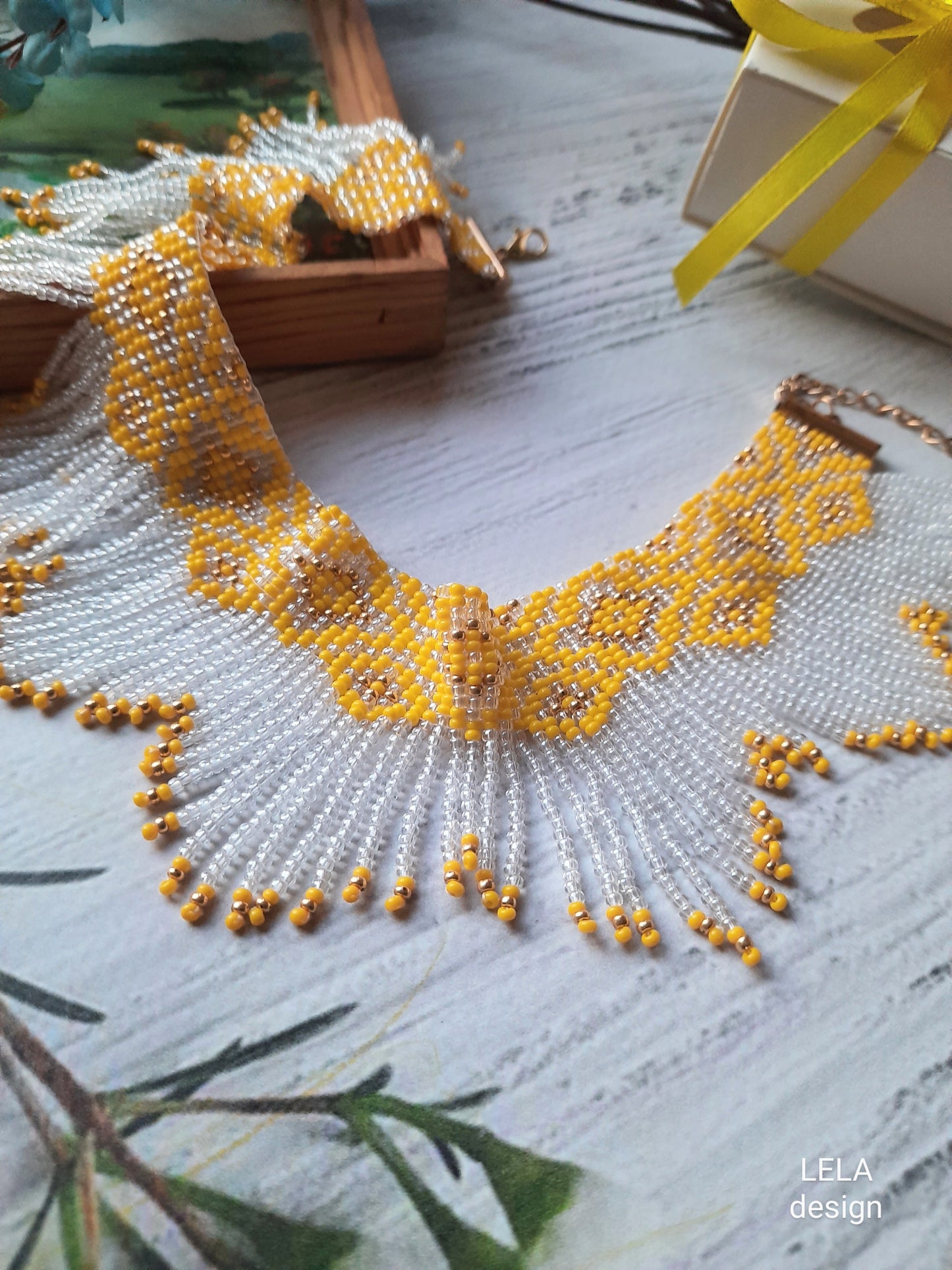 Beaded Jewelry Set 3 in 1, Fringe Necklace Bracelet Earrings