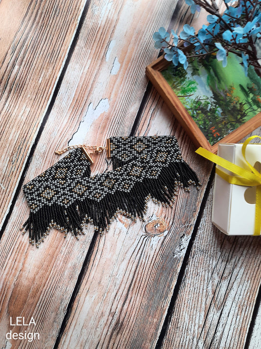 Black and Gold Beaded Fringe Necklace – Handmade Boho Statement Jewelry