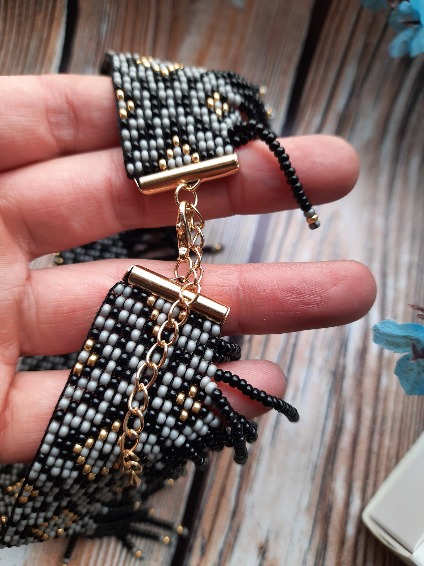 Black and Gold Beaded Fringe Necklace – Handmade Boho Statement Jewelry