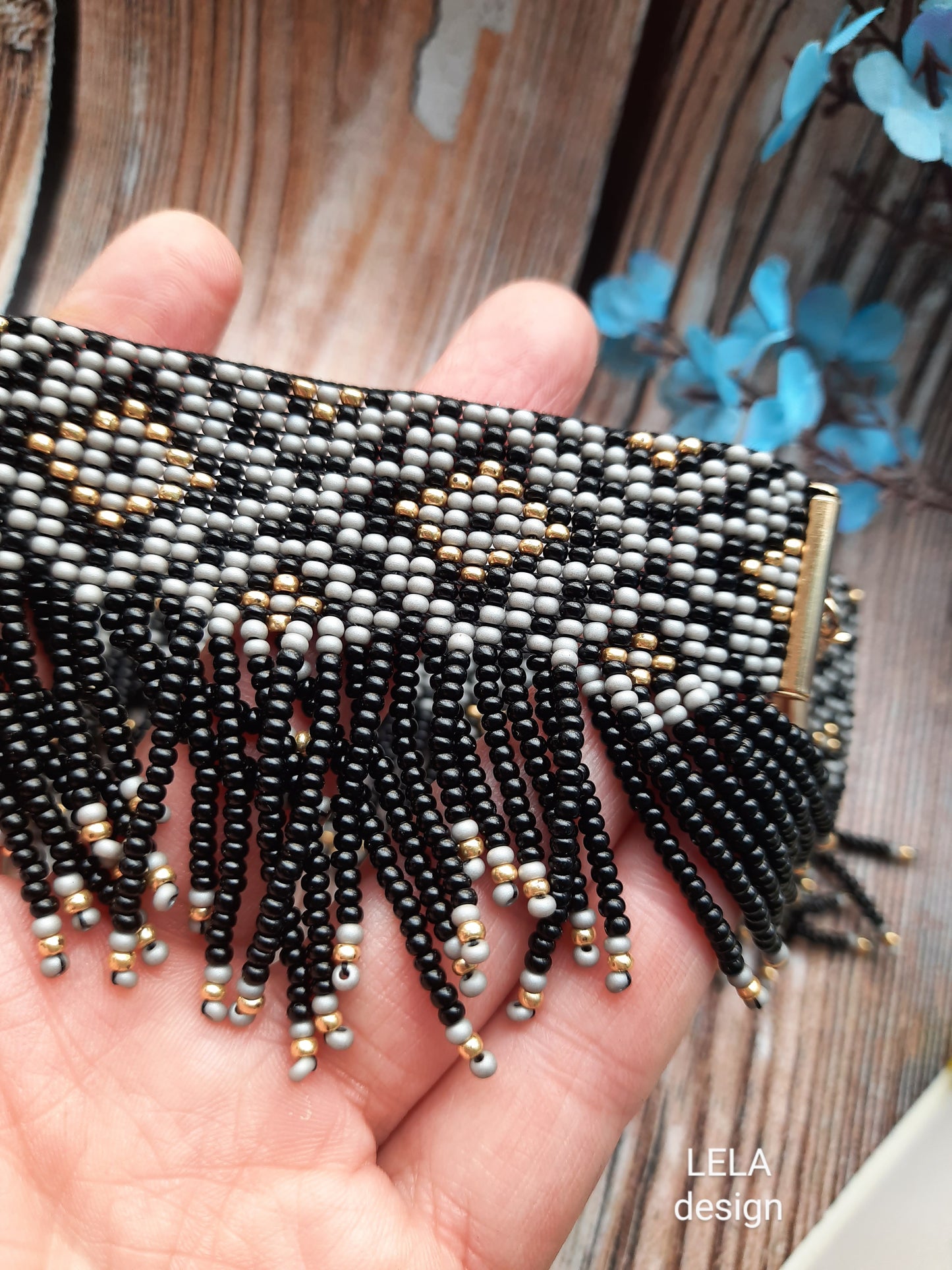 Black and Gold Beaded Fringe Necklace – Handmade Boho Statement Jewelry