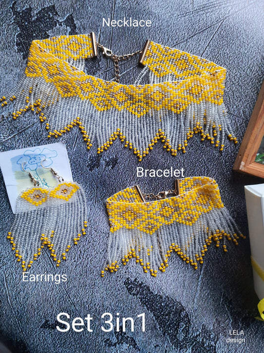 Beaded Jewelry Set 3 in 1, Fringe Necklace Bracelet Earrings