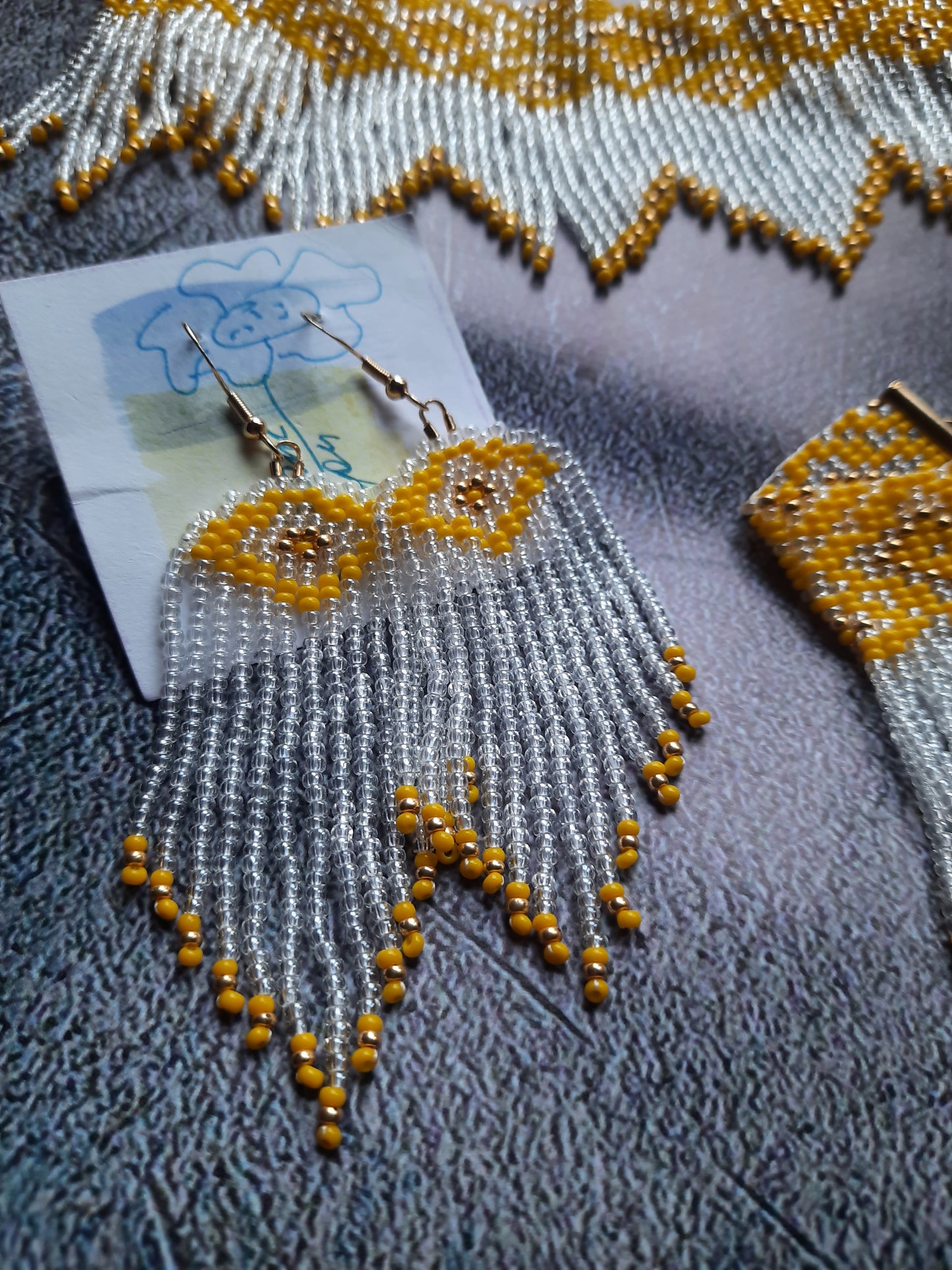 Beaded Jewelry Set 3 in 1, Fringe Necklace Bracelet Earrings