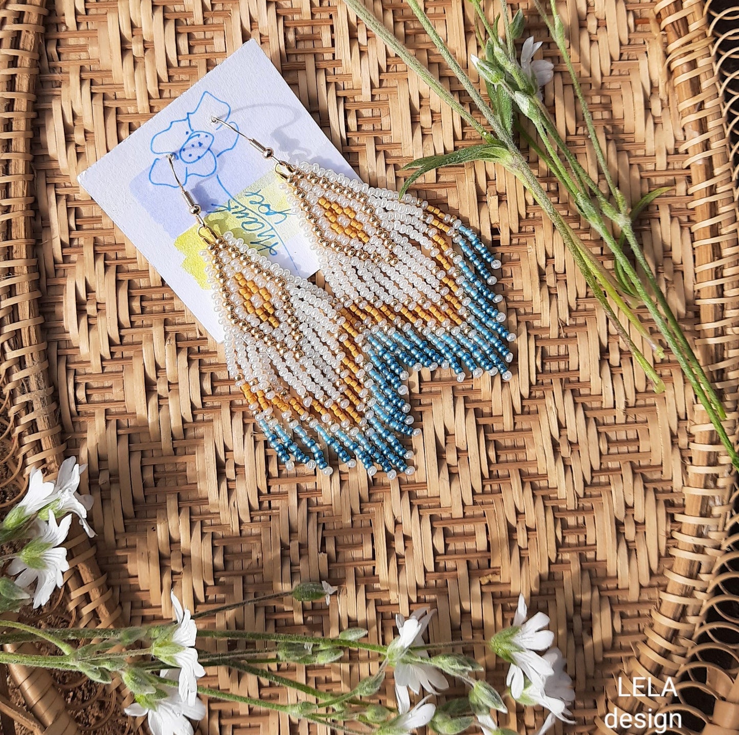 Turquoise fringe earrings with gold and ivory beads