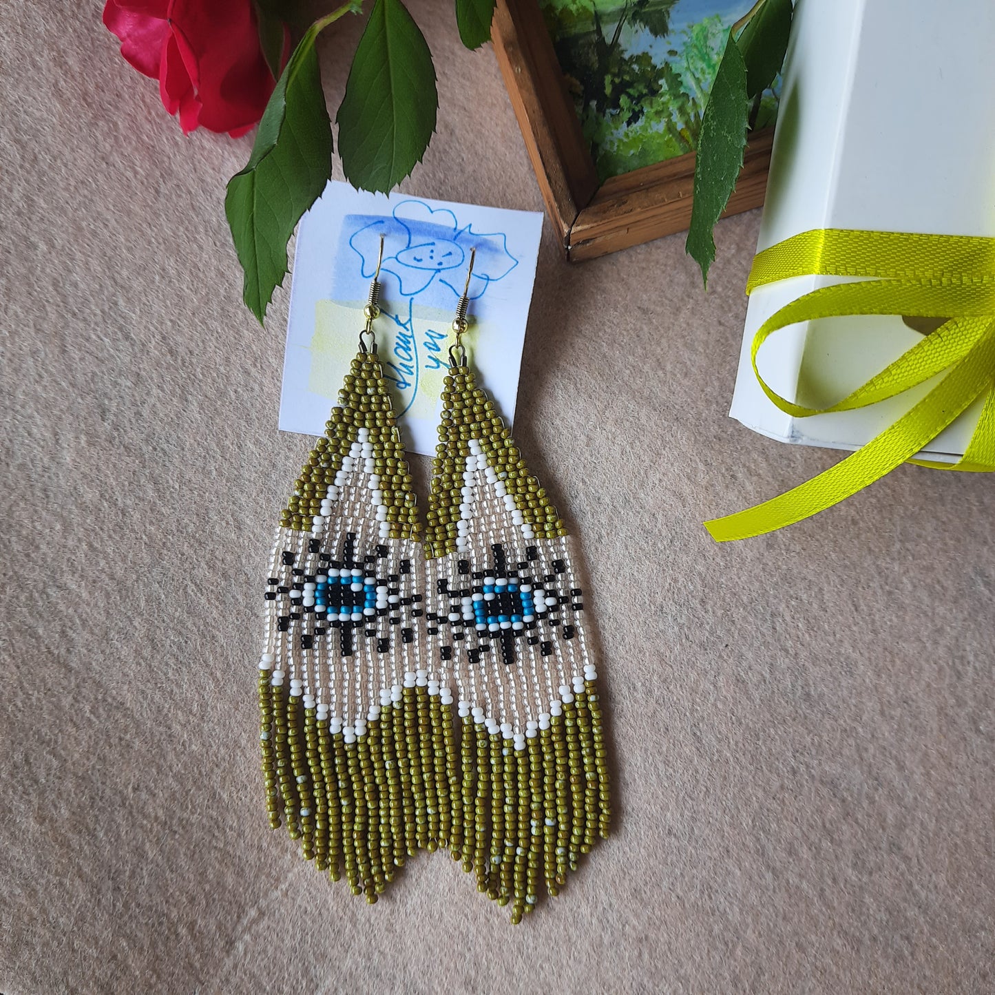 Handmade Beaded Fringe Earrings Evil Eye