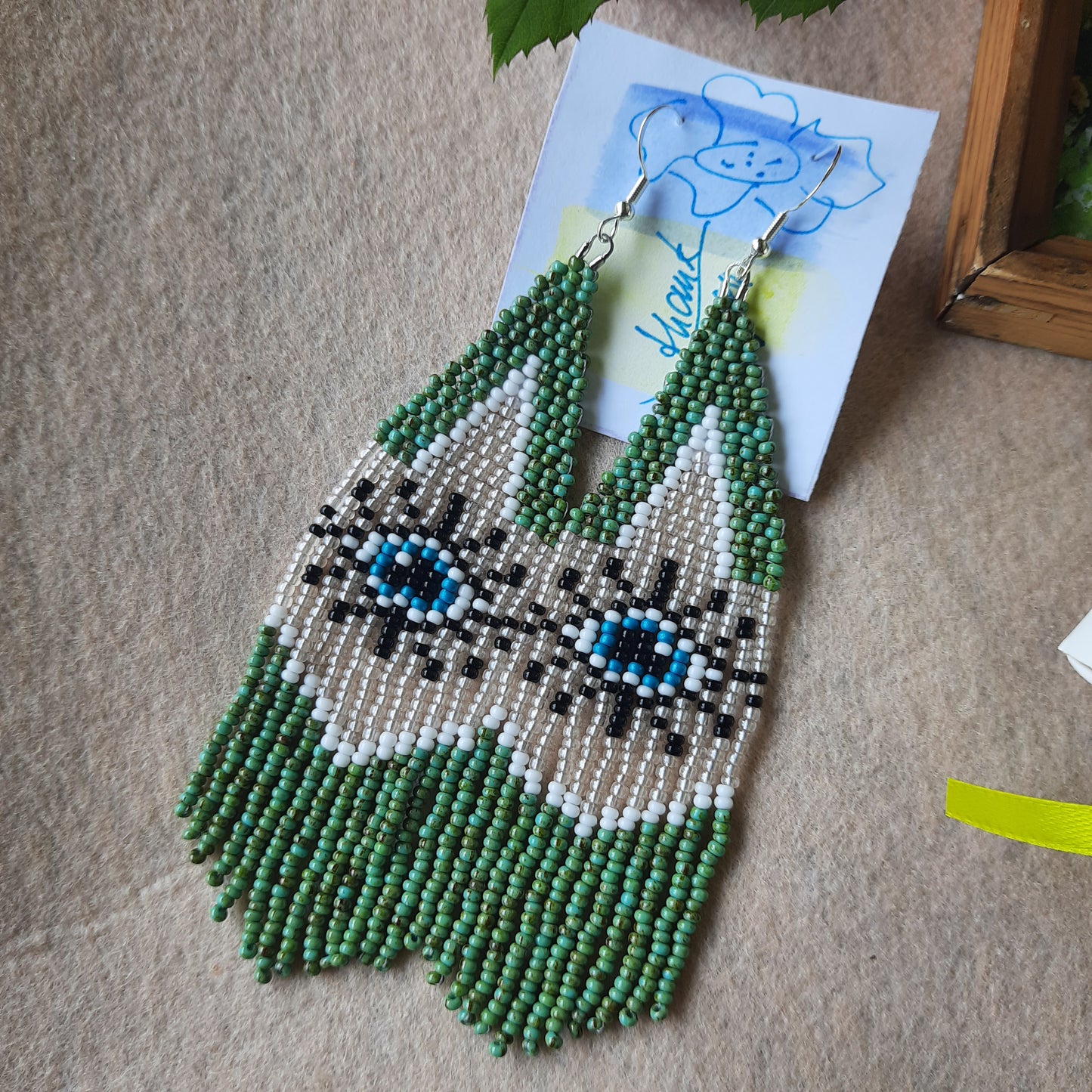 Handmade Beaded Fringe Earrings Evil Eye