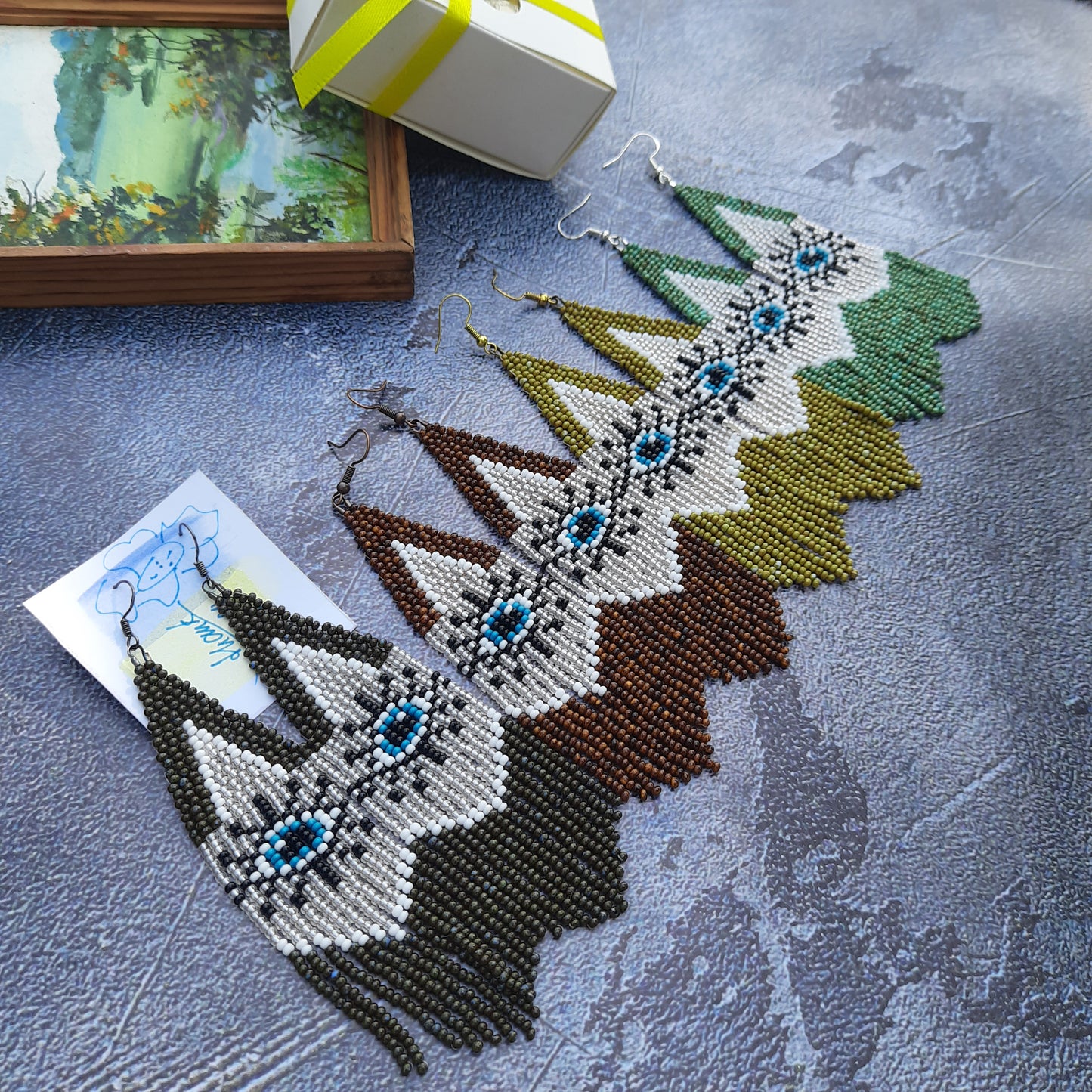 Handmade Beaded Fringe Earrings Evil Eye