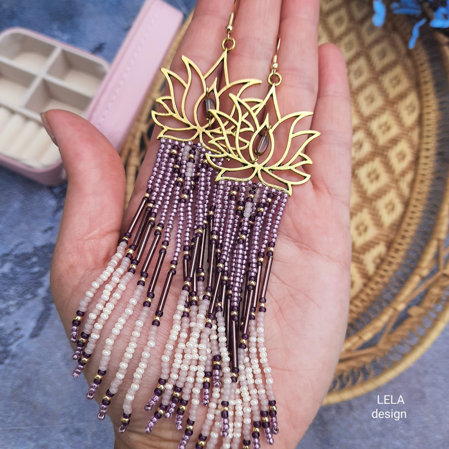 Handmade Lotus Beaded Earrings – Boho Elegance