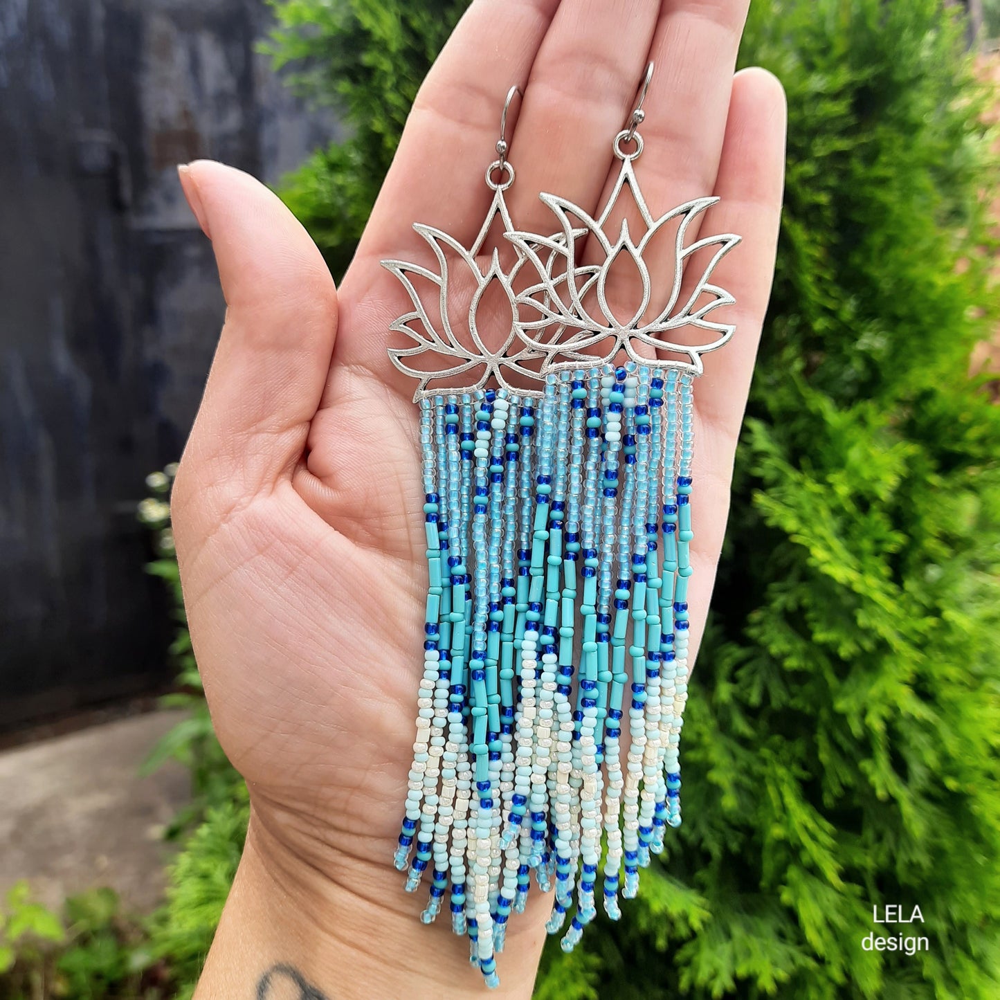 Blue Lotus Beaded Fringe Earrings
