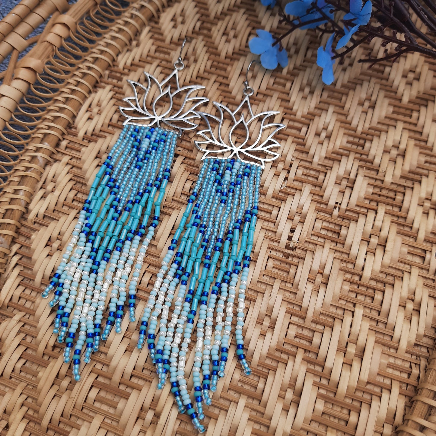 Blue Lotus Beaded Fringe Earrings