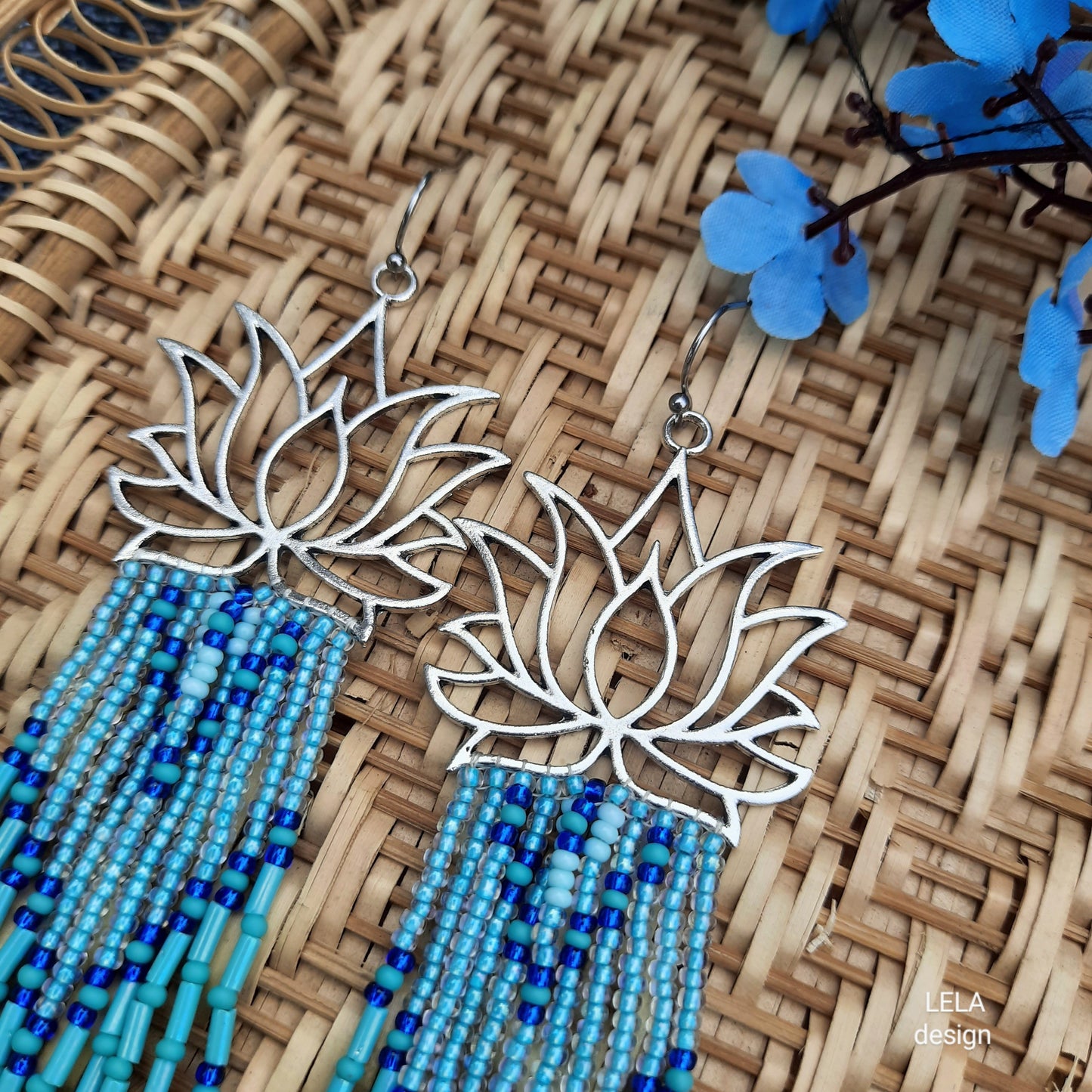Blue Lotus Beaded Fringe Earrings