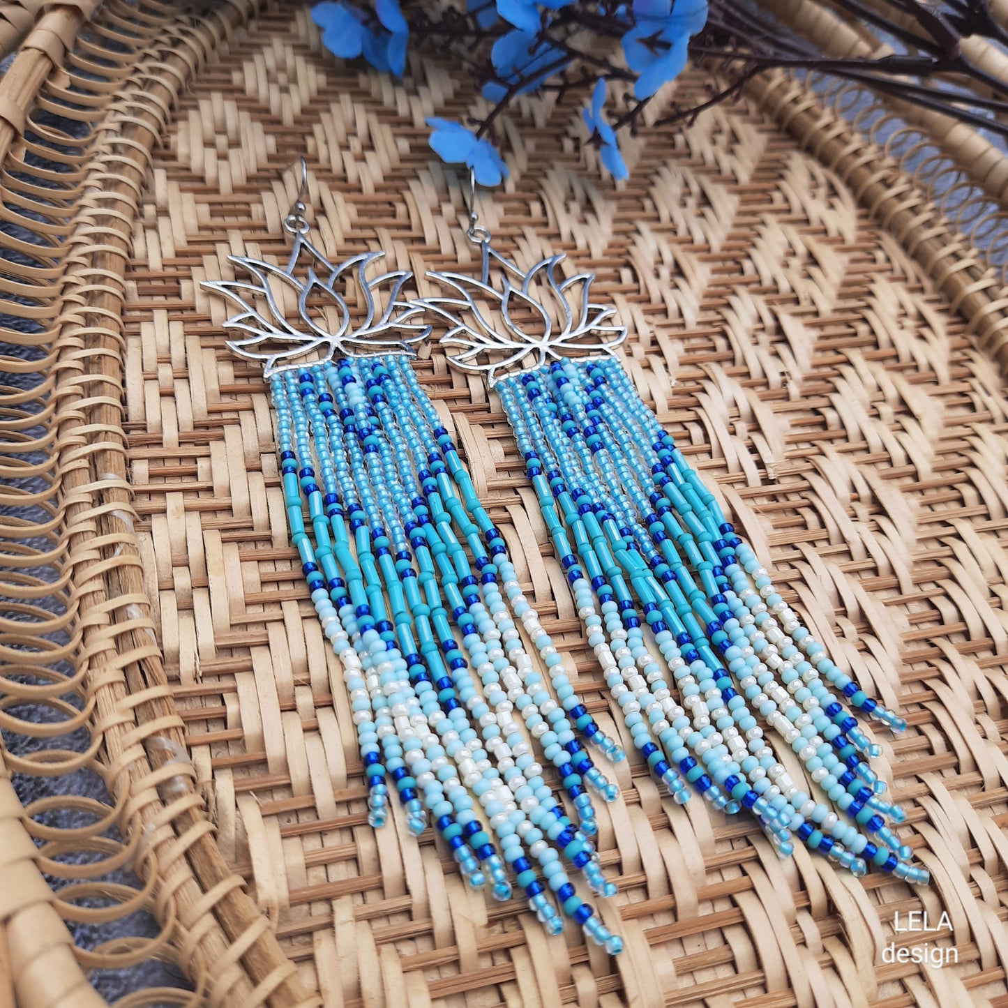 Blue Lotus Beaded Fringe Earrings