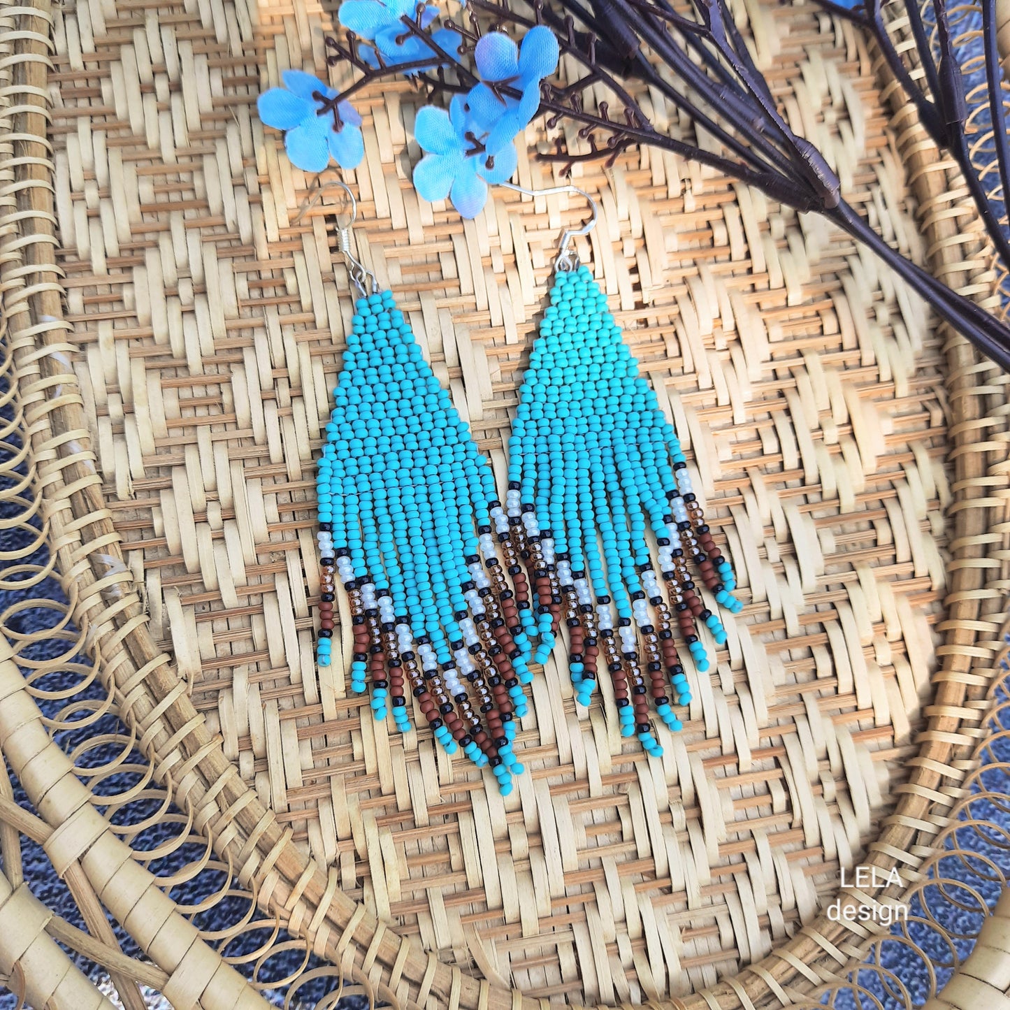 Handmade turquoise beaded fringe earrings